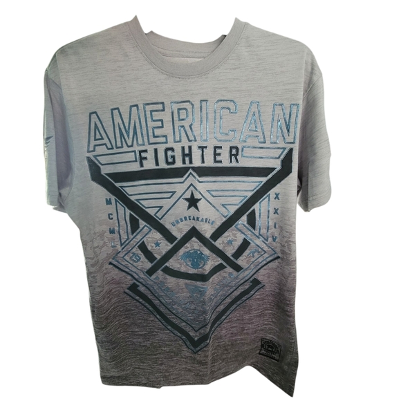 American Fighter Sz Med Mens White&GrayTee With Blue Design - Picture 2 of 4